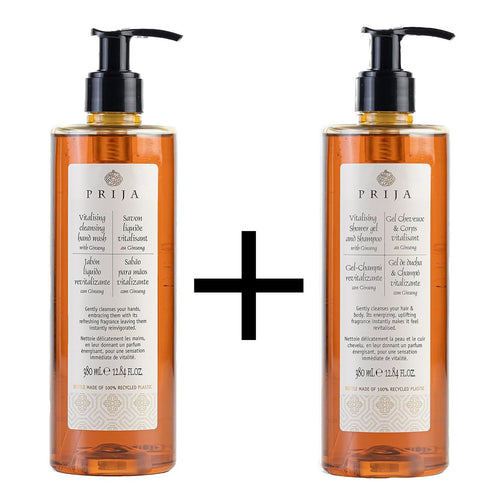 Prija Flüssigseife + Haut- & Haarshampoo mit Ginseng 2x 380ml + 2x Pumpe